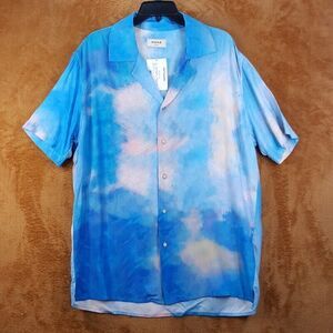 MONE Mens Shirt Large Blue Casual Button Up Camp Collar Viscose Designer $275